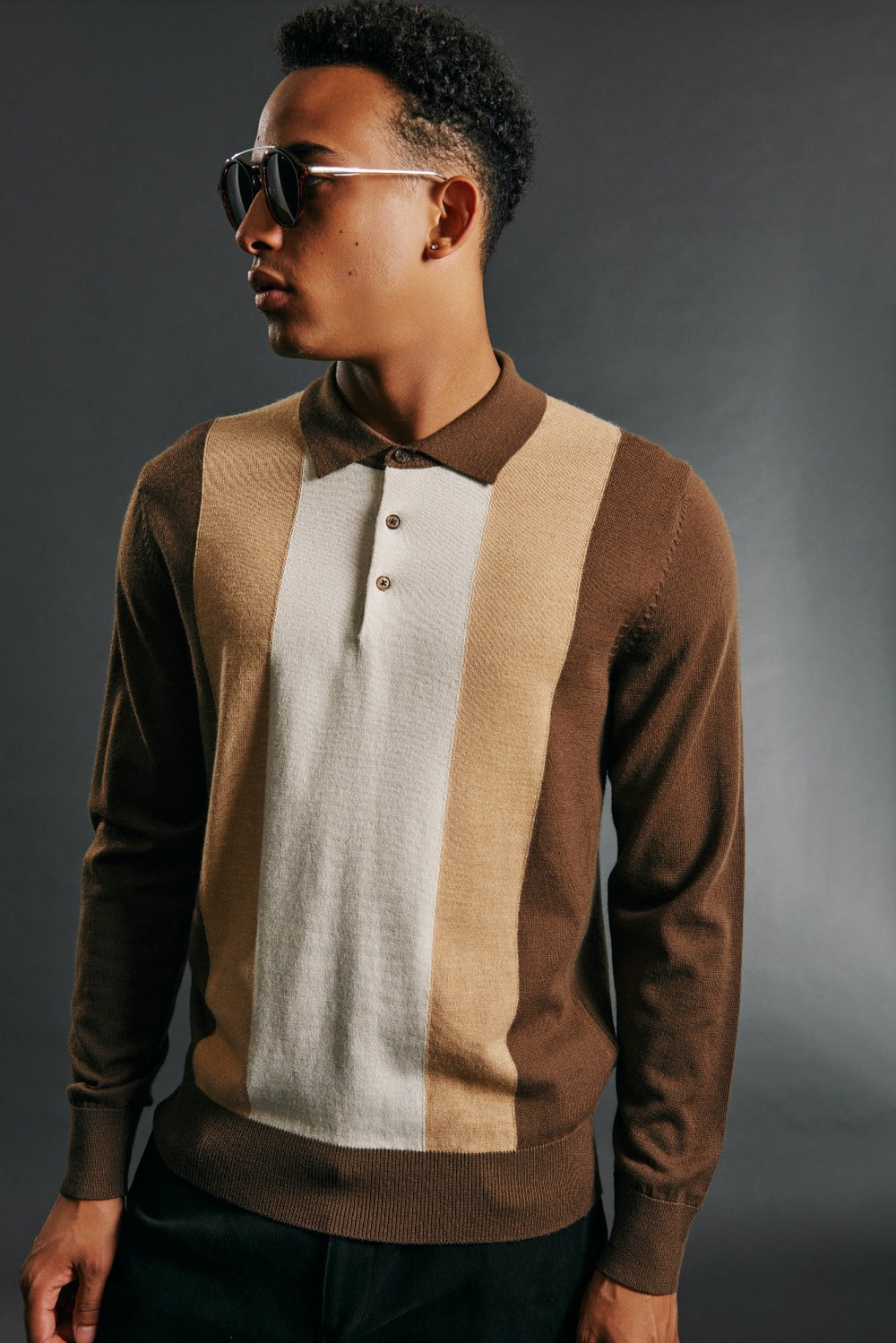 Pull à Col Polo Ben Sherman Block Stripe Merino Chocolat | TDR-78394566